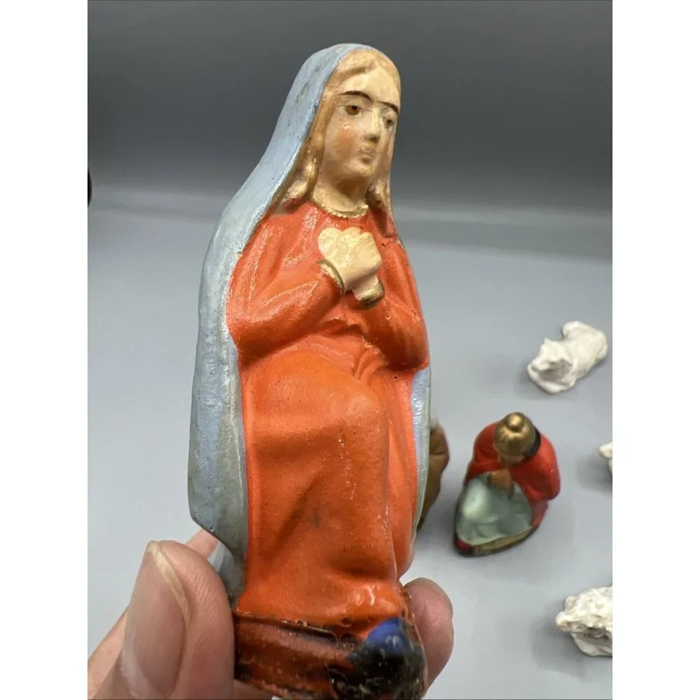 Vtg German Papier-Mâché Nativity 7 Pieces Christmas Lambs Magi Mary Old w/ Wear